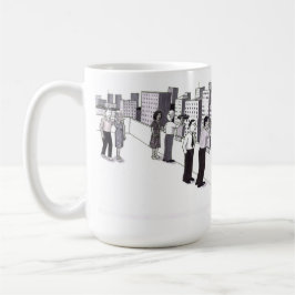 Illustration av sex personer på ett tak i en stad kaffemugg