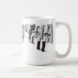 Illustration av sex personer på ett tak i en stad kaffemugg