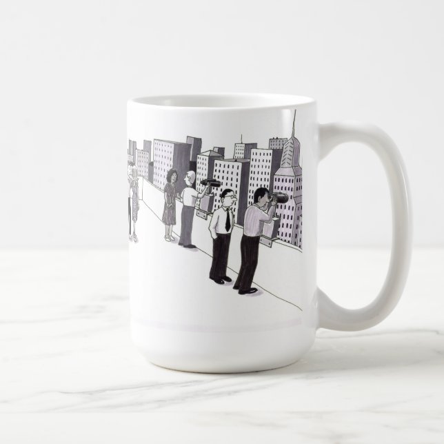 Illustration av sex personer på ett tak i en stad kaffemugg (Höger)