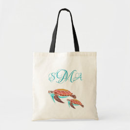 Illustration av sjösköldpaddor i monogrammerade om tygkasse