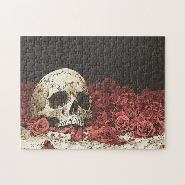 Illustration av Skull och Röd ros Pussel (Horisontell)