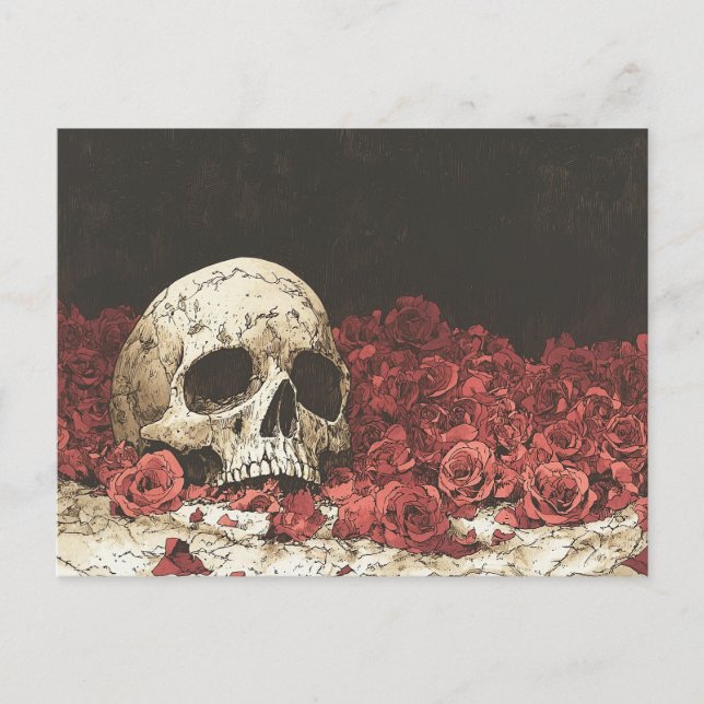 Illustration av Skull och Röd ros Vykort (Framsida)