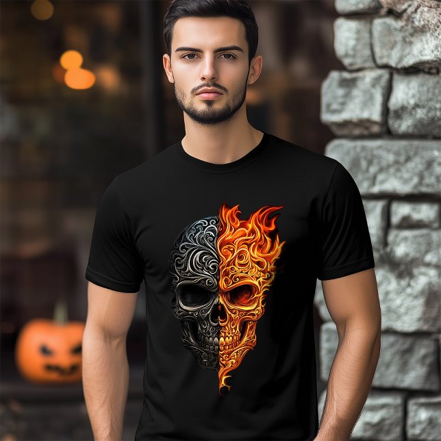 Illustration av skulltattfyllning vid brandbrand H T Shirt (Illustration of Skull Tattoo Fire Flame Halloween T-Shirt)