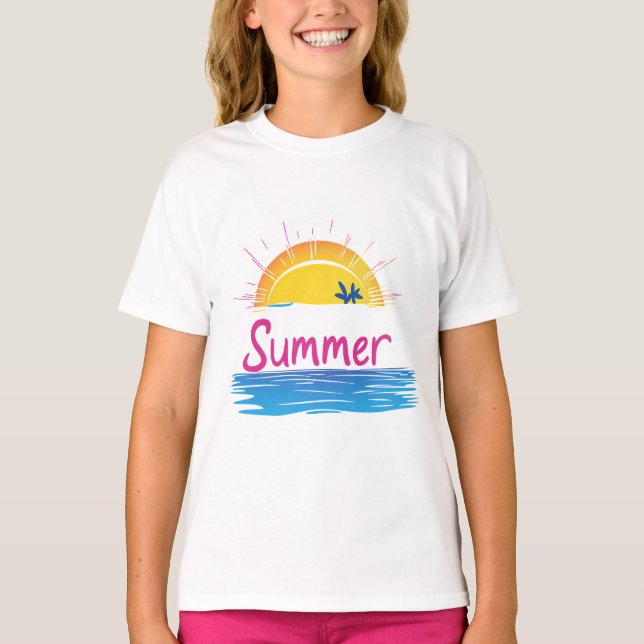 Illustration av solnedgång, sommarklocka t shirt (Framsida)