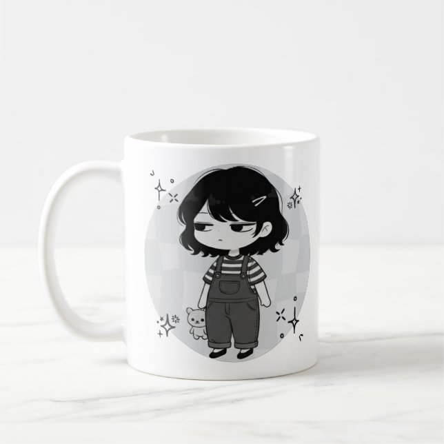Illustration av söt chibi-flicka med Over It-estet Kaffemugg (Vänster)