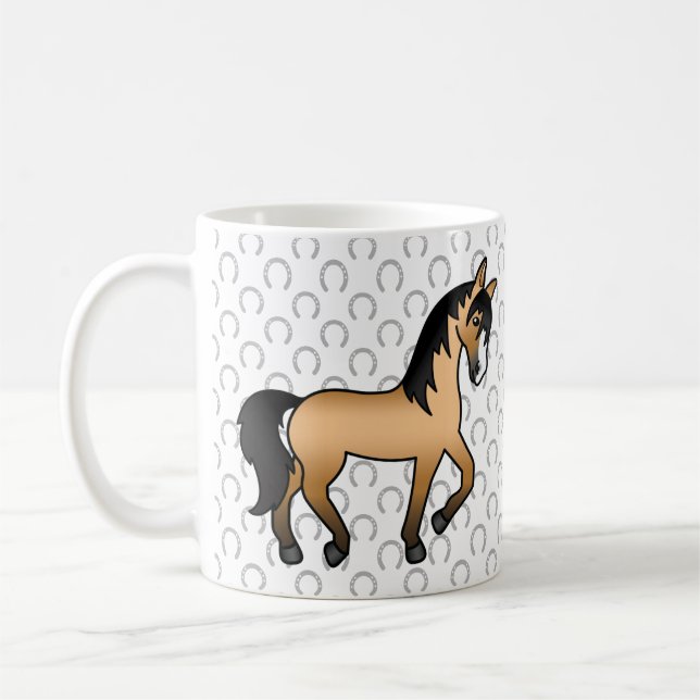 Illustration av sött seriehäst i buckskinfärg som  kaffemugg (Vänster)