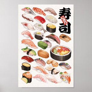 Illustration av Sushi Japansk Food Hand plockade Poster