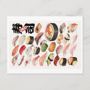 Illustration av Sushi Japansk Food Hand plockade Vykort