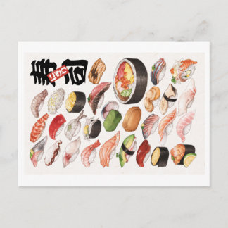 Illustration av Sushi Japansk Food Hand plockade Vykort