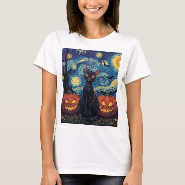 Illustration av svart katt Halloween T Shirt (Framsida)
