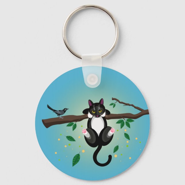 Illustration av svartvit katt - knappens nyckelrin nyckelring (Framsida)