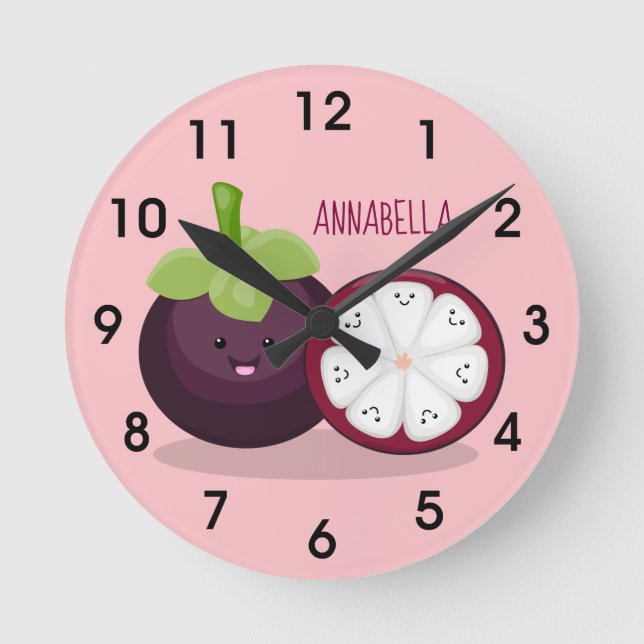 illustration av tecknaden Cute lila mangosteen Rund Klocka (Framsida)