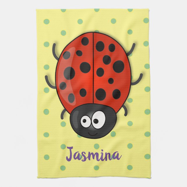 illustration av tecknaden Cute lycklig red ladybug Kökshandduk (Vertikal)