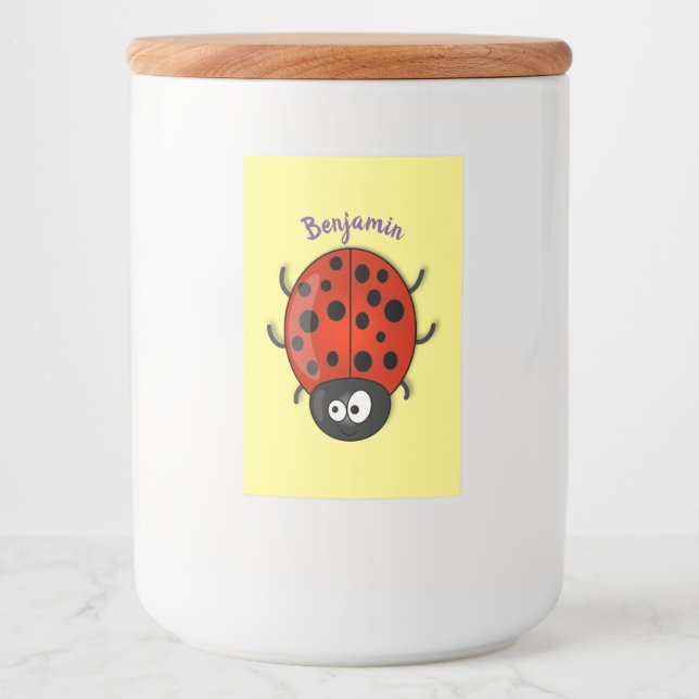 illustration av tecknaden Cute lycklig red ladybug Mat Etikett (Framsida)