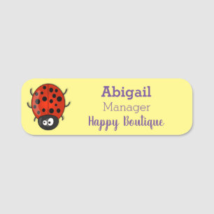 illustration av tecknaden Cute lycklig red ladybug Namnbricka