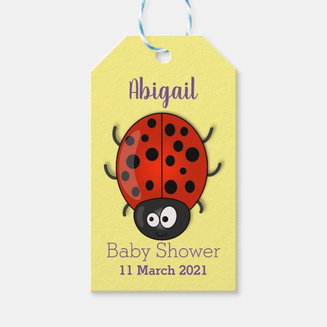 illustration av tecknaden Cute lycklig red ladybug Presentetikett (Framsidan)