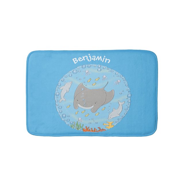 illustration av tecknaden Cute manta ray och bubbl Badrumsmatta (Framsidan)