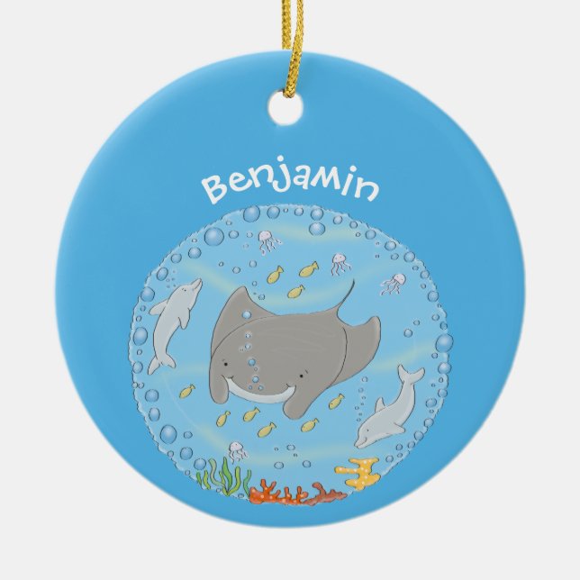 illustration av tecknaden Cute manta ray och bubbl Julgransprydnad Keramik (Framsidan)