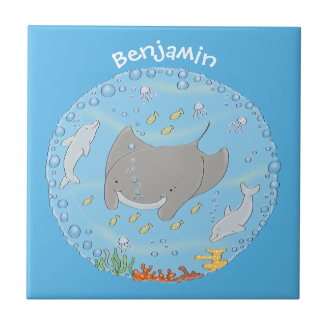 illustration av tecknaden Cute manta ray och bubbl Kakelplatta (Framsidan)