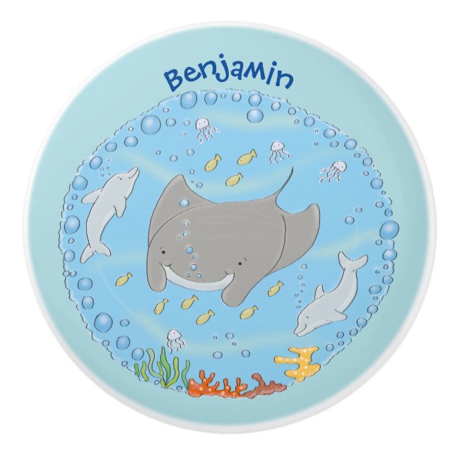 illustration av tecknaden Cute manta ray och bubbl Knopp (Framsidan)