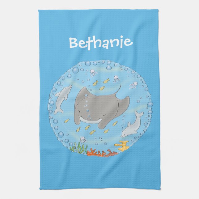 illustration av tecknaden Cute manta ray och bubbl Kökshandduk (Vertikal)
