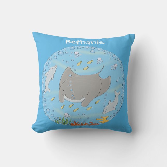 illustration av tecknaden Cute manta ray och bubbl Kudde (Framsida)