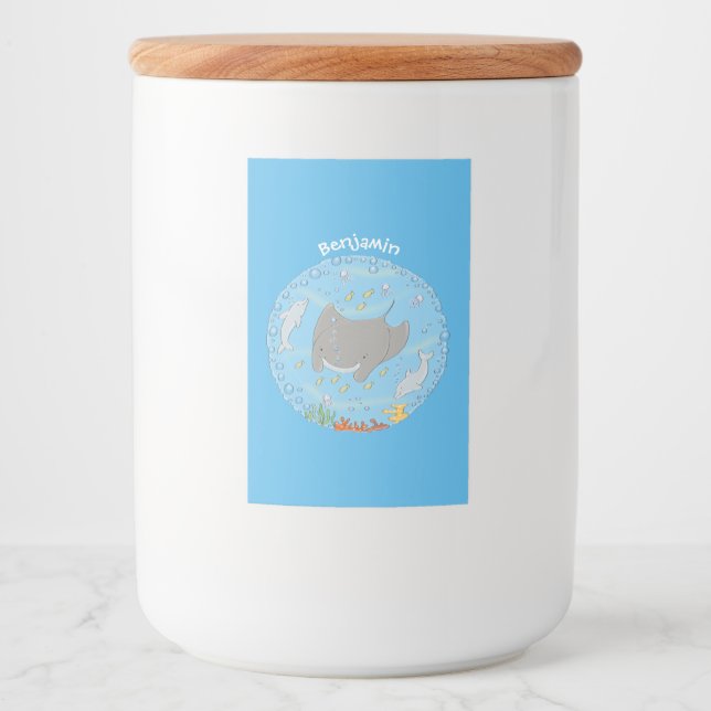 illustration av tecknaden Cute manta ray och bubbl Mat Etikett (Framsida)