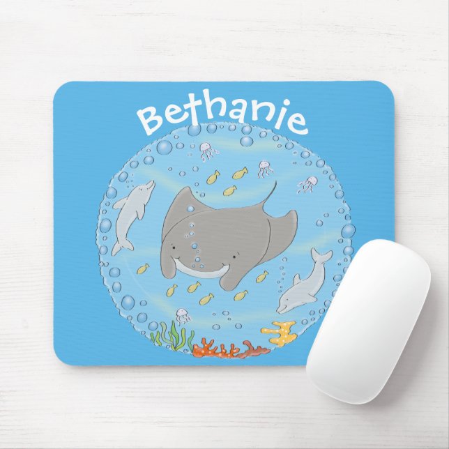 illustration av tecknaden Cute manta ray och bubbl Musmatta (Med mus)