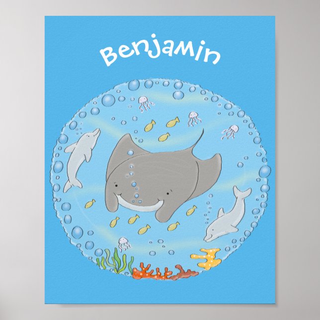 illustration av tecknaden Cute manta ray och bubbl Poster (Framsidan)