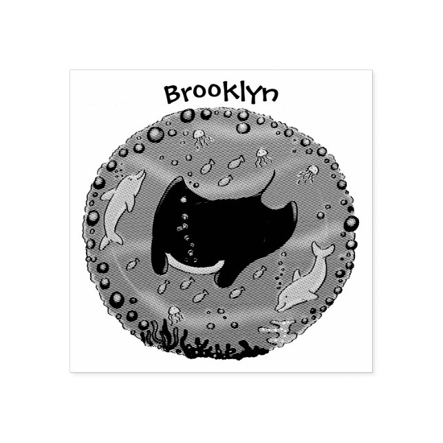 illustration av tecknaden Cute manta ray och bubbl Stämpel (Tryck)