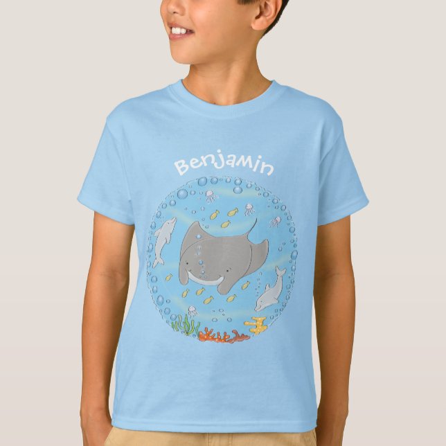 illustration av tecknaden Cute manta ray och bubbl T Shirt (Framsida)