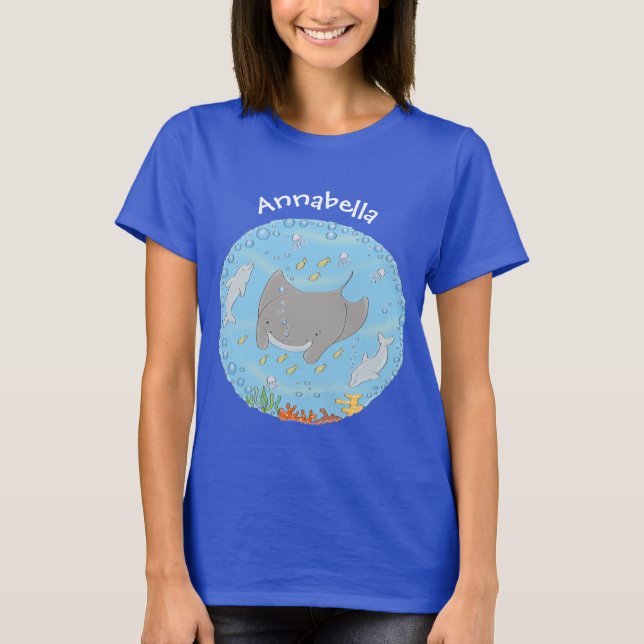 illustration av tecknaden Cute manta ray och bubbl T Shirt (Framsida)
