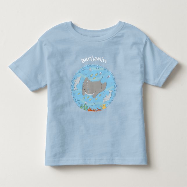 illustration av tecknaden Cute manta ray och bubbl T Shirt (Framsida)