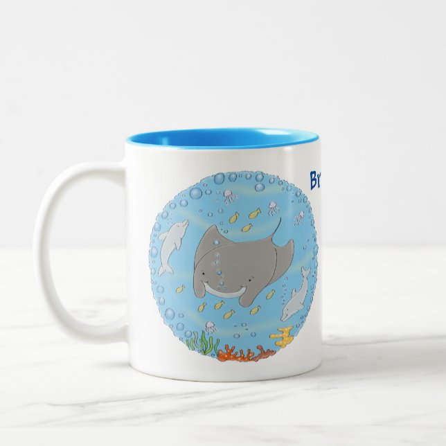 illustration av tecknaden Cute manta ray och bubbl Två-Tonad Mugg (Vänster)