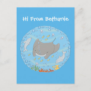 illustration av tecknaden Cute manta ray och bubbl Vykort