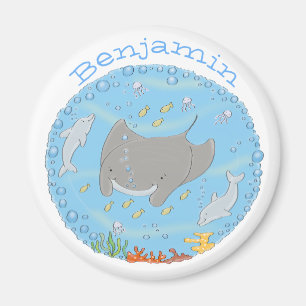 illustration av tecknaden Cute manta ray och delph Magnet