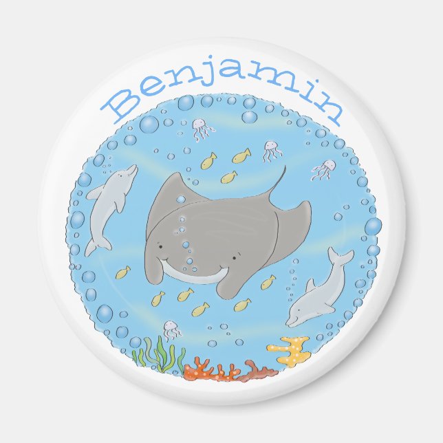 illustration av tecknaden Cute manta ray och delph Magnet (Framsidan)