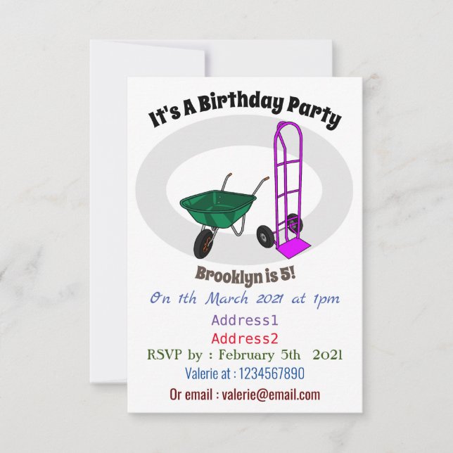 illustration av tecknaden för hjulbarrow och handv inbjudningar (Framsida)