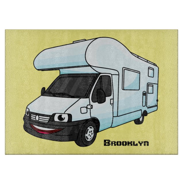 illustration av tecknaden lycklig campervan (Framsidan)