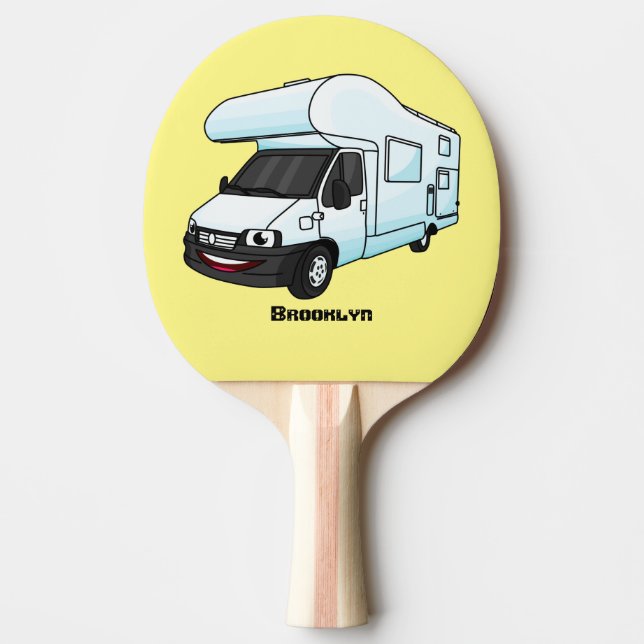 illustration av tecknaden lycklig campervan pingisracket (Framsidan)