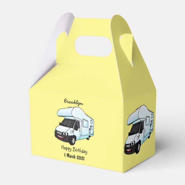 illustration av tecknaden lycklig campervan presentaskar (Framsidan Sidan)
