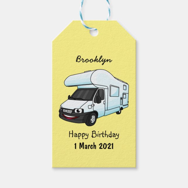 illustration av tecknaden lycklig campervan presentetikett (Framsidan)