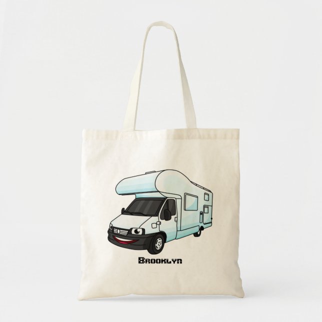 illustration av tecknaden lycklig campervan tygkasse (Framsidan)