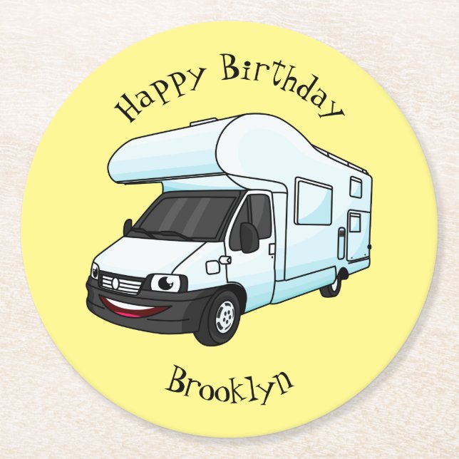 illustration av tecknaden lycklig campervan underlägg papper rund (Framsidan)
