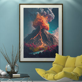 Illustration av träd och Erupting Volcano Poster