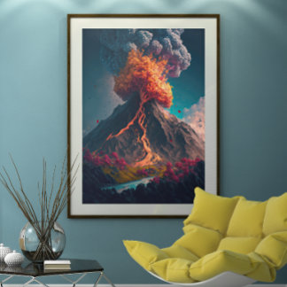 Illustration av träd och Erupting Volcano Poster