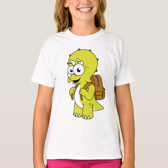 Illustration av triceratops med ryggsäck. t shirt (Framsida)