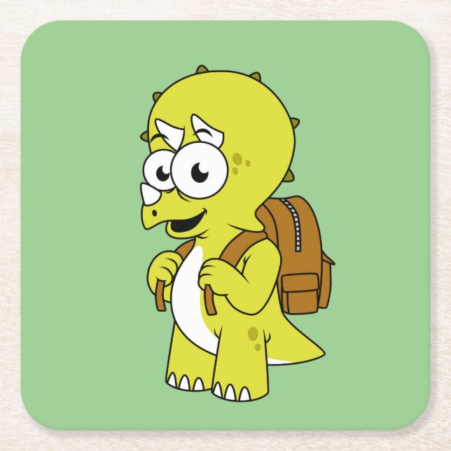 Illustration av triceratops med ryggsäck. underlägg papper kvadrat (Framsidan)