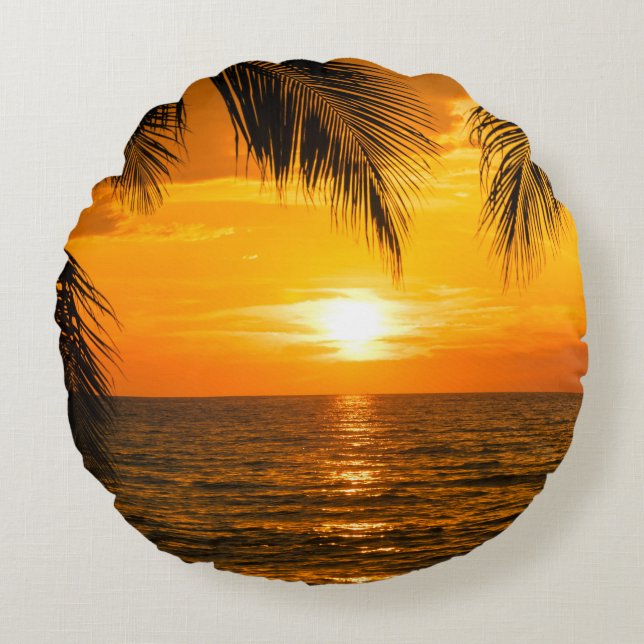 Illustration av Tropical Beach Sunset Handflatan Rund Kudde (Framsidan)