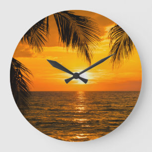 Illustration av Tropical Beach Sunset Handflatan Stor Klocka